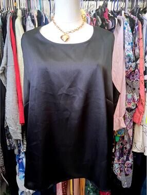 Notations Clothing Blouse Vintage Black Satin Crew Neck Slits Top 3XL